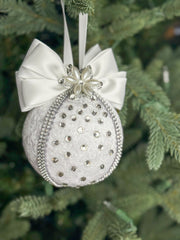 Elegant White Christmas Ornament with Rhinestones and Bow Elegant White Christmas Ornament with Rhinestones and Bow