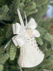 Elegant White Bell Ornament – Pearl and Rhinestone Embellished with Satin Bow Elegant White Bell Ornament – Pearl and Rhinestone Embellished with Satin Bow