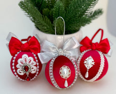 Christmas Baubles - Red with white - Set of 3 Christmas Baubles - Red with white - Set of 3 - Gabificent