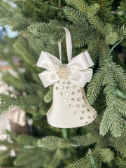 Elegant White Bell Ornament – Pearl and Rhinestone Embellished with Satin Bow Elegant White Bell Ornament – Pearl and Rhinestone Embellished with Satin Bow