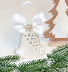 Elegant White Bell Ornament – Pearl and Rhinestone Embellished with Satin Bow Elegant White Bell Ornament – Pearl and Rhinestone Embellished with Satin Bow