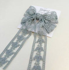 Lace hair bow with tails “Grey” Lace hair bow with tails “Grey” Gabificent