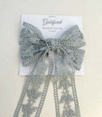 Lace hair bow with tails “Grey” Lace hair bow with tails “Grey” Gabificent