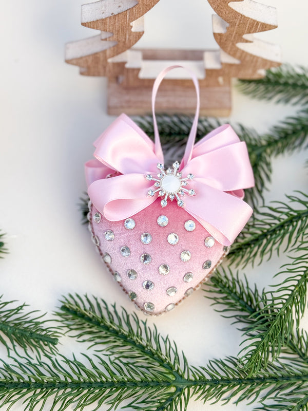 Luxury Pink Heart Ornament – Rhinestone and Pearl Embellished with Satin Bow