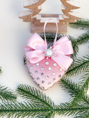 Luxury Pink Heart Ornament – Rhinestone and Pearl Embellished with Satin Bow