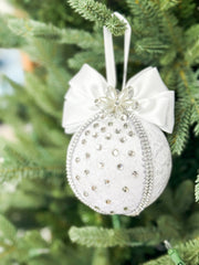 Elegant White Christmas Ornament with Rhinestones and Bow