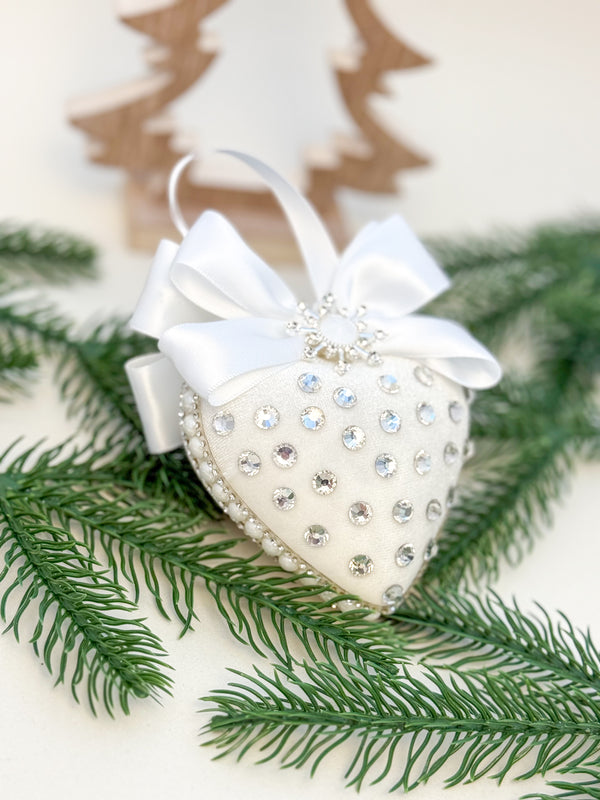 Luxury White Heart Ornament – Rhinestone and Pearl Embellished with Satin Bow