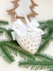 Luxury White Heart Ornament – Rhinestone and Pearl Embellished with Satin Bow