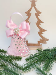 Elegant Pink Bell Ornament – Pearl and Rhinestone Embellished with Satin Bow