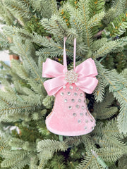 Elegant Pink Bell Ornament – Pearl and Rhinestone Embellished with Satin Bow