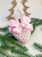 Luxury Pink Heart Ornament – Rhinestone and Pearl Embellished with Satin Bow