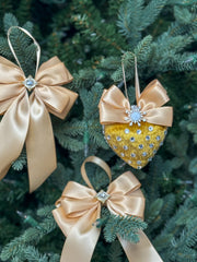Luxury Gold Heart Ornament – Rhinestone and Pearl Embellished with Satin Bow