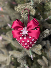Luxury Burgundy Heart Ornament – Rhinestone and Pearl Embellished with Satin Bow