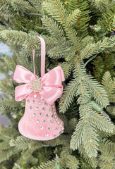 Elegant Pink Bell Ornament – Pearl and Rhinestone Embellished with Satin Bow