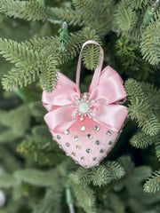 Luxury Pink Heart Ornament – Rhinestone and Pearl Embellished with Satin Bow