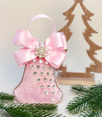 Elegant Pink Bell Ornament – Pearl and Rhinestone Embellished with Satin Bow