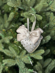 Luxury Silver Heart Ornament – Rhinestone and Pearl Embellished with Satin Bow