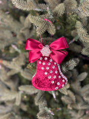 Elegant Burgundy Bell Ornament – Pearl and Rhinestone Embellished with Satin Bow