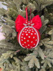 Elegant Red Christmas Ornament with Rhinestones and Bow