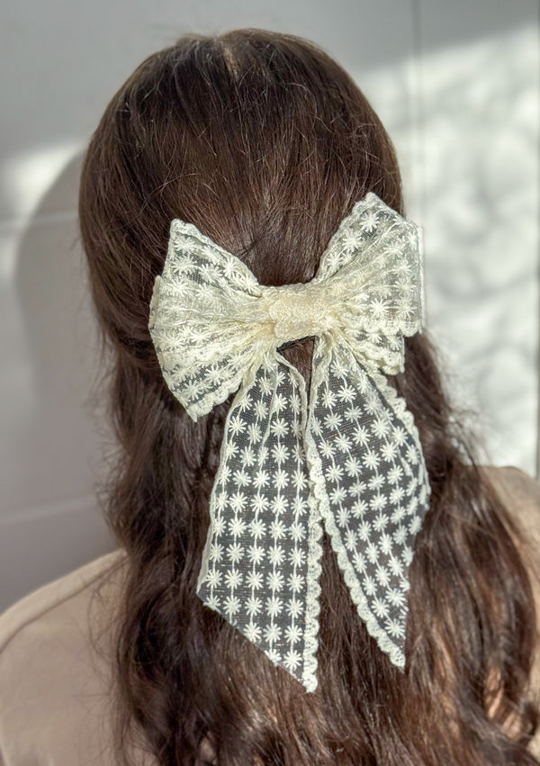 Large lace hair bow with tails “Cream”