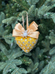 Luxury Gold Heart Ornament – Rhinestone and Pearl Embellished with Satin Bow