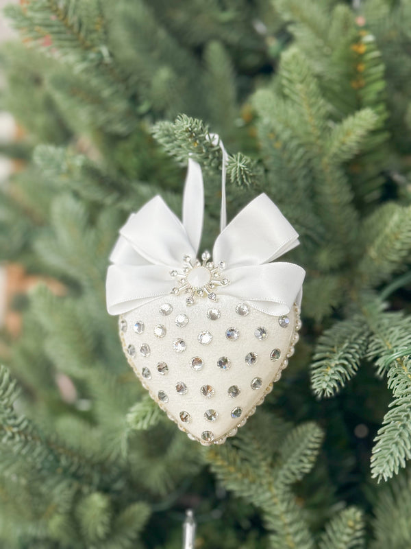 Luxury White Heart Ornament – Rhinestone and Pearl Embellished with Satin Bow