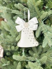 Elegant White Bell Ornament – Pearl and Rhinestone Embellished with Satin Bow