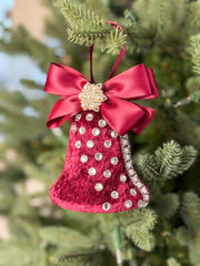 Elegant Burgundy Bell Ornament – Pearl and Rhinestone Embellished with Satin Bow