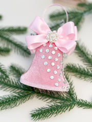 Elegant Pink Bell Ornament – Pearl and Rhinestone Embellished with Satin Bow