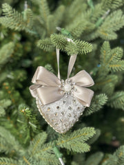 Luxury Silver Heart Ornament – Rhinestone and Pearl Embellished with Satin Bow