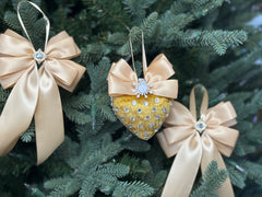 Luxury Gold Heart Ornament – Rhinestone and Pearl Embellished with Satin Bow