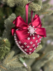 Luxury Burgundy Heart Ornament – Rhinestone and Pearl Embellished with Satin Bow