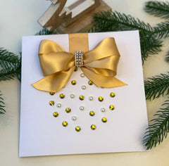 Elegant Handmade Christmas Card with Gold Bow and Gem Ornament Design