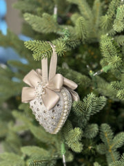 Luxury Silver Heart Ornament – Rhinestone and Pearl Embellished with Satin Bow