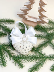 Luxury White Heart Ornament – Rhinestone and Pearl Embellished with Satin Bow
