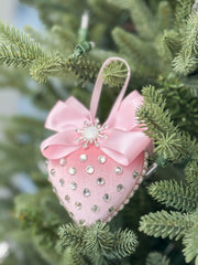Luxury Pink Heart Ornament – Rhinestone and Pearl Embellished with Satin Bow