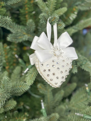 Luxury White Heart Ornament – Rhinestone and Pearl Embellished with Satin Bow