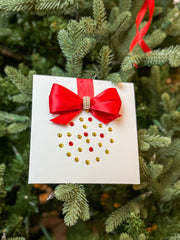 Elegant Handmade Christmas Card with Red Bow and Gem Ornament Design