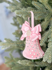 Elegant Pink Bell Ornament – Pearl and Rhinestone Embellished with Satin Bow