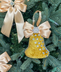 Elegant Gold Bell Ornament – Pearl and Rhinestone Embellished with Satin Bow