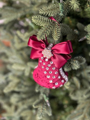 Elegant Burgundy Bell Ornament – Pearl and Rhinestone Embellished with Satin Bow