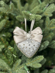 Luxury Silver Heart Ornament – Rhinestone and Pearl Embellished with Satin Bow