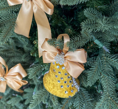 Elegant Gold Bell Ornament – Pearl and Rhinestone Embellished with Satin Bow
