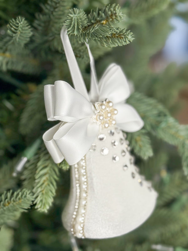 Elegant White Bell Ornament – Pearl and Rhinestone Embellished with Satin Bow