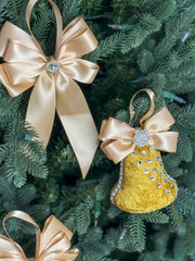 Elegant Gold Bell Ornament – Pearl and Rhinestone Embellished with Satin Bow