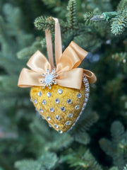 Luxury Gold Heart Ornament – Rhinestone and Pearl Embellished with Satin Bow