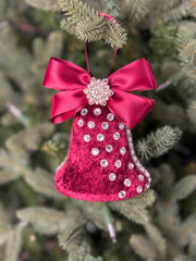 Elegant Burgundy Bell Ornament – Pearl and Rhinestone Embellished with Satin Bow