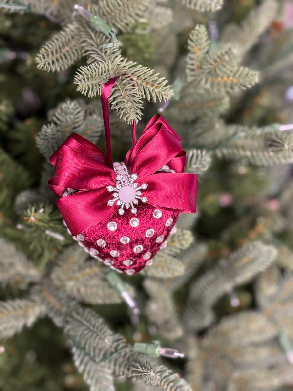 Luxury Burgundy Heart Ornament – Rhinestone and Pearl Embellished with Satin Bow