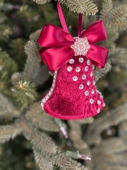 Elegant Burgundy Bell Ornament – Pearl and Rhinestone Embellished with Satin Bow