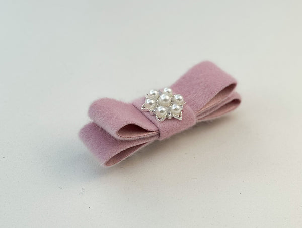 Barrette bow hair clip - Pink Plush with rhinestone Gabificent